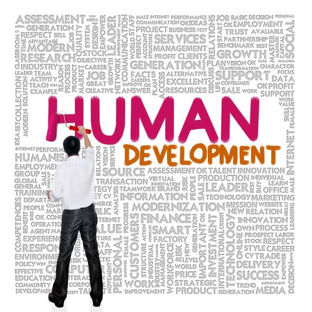 Business man paint business wording concept on tag cloud backgroundの写真素材