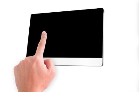 Finger point on blank digital screen isolated on whiteの写真素材