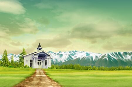 House on green field landscape with skyの写真素材