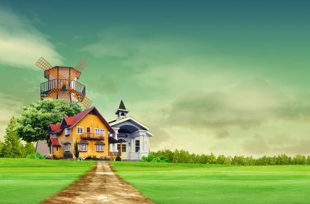 House on green field landscape with blue skyの写真素材