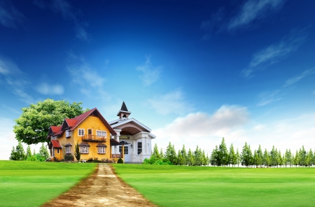 House on green field landscape with blue skyの写真素材