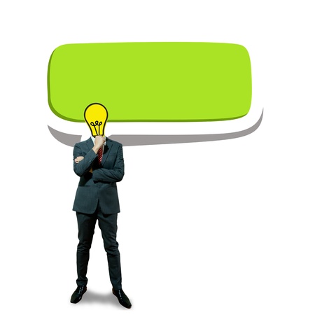 Business man with bulb head on the screen backgroundの写真素材