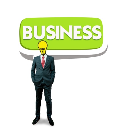 Business man with bulb head on the bubble business screen backgroundの写真素材