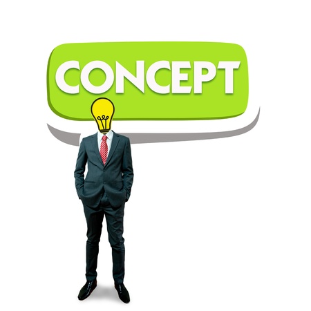 Business man with bulb head on the bubble concept screen backgroundの写真素材