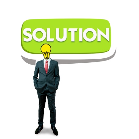 Business man with bulb head on the bubble solution screen backgroundの写真素材