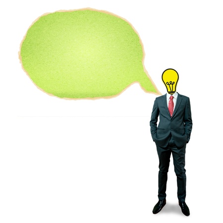 Business man with bulb head on the bubble screen backgroundの写真素材