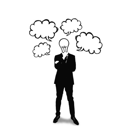 Business man with bulb head on the bubble screen backgroundの写真素材