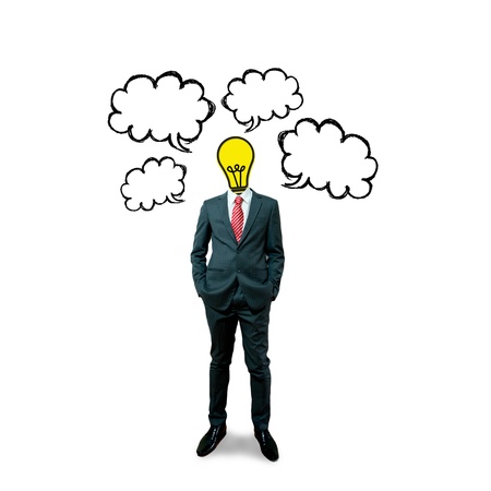 Business man with bulb head on the bubble screen backgroundの写真素材