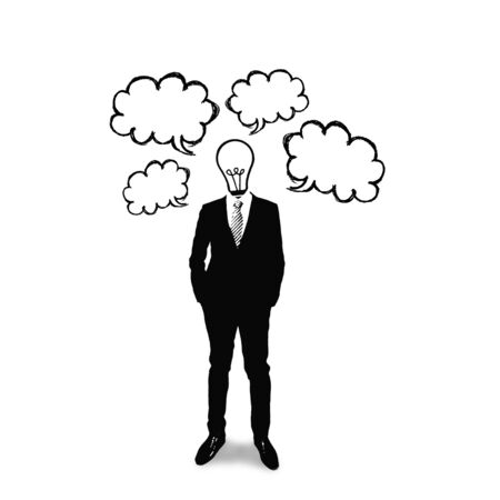 Business man with bulb head on the bubble screen backgroundの写真素材