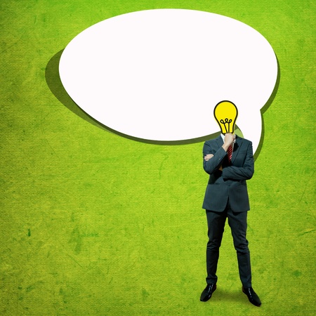 Business man with bulb head on the screen backgroundの写真素材