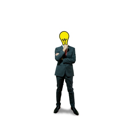 Business man with bulb head on the screen backgroundの写真素材