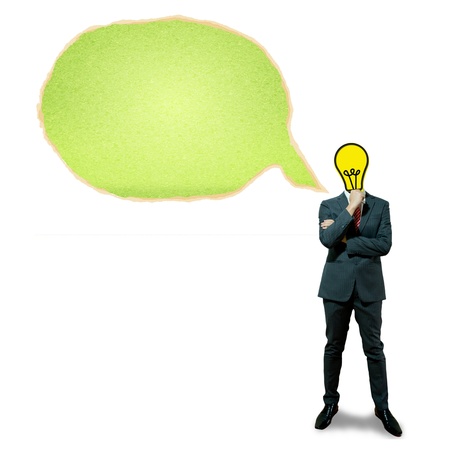 Business man with bulb head on the bubble screen backgroundの写真素材