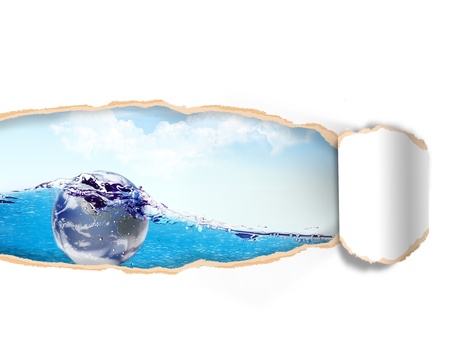 Torn paper with landscape sky in opening background, Elements of this image furnished by NASAの写真素材