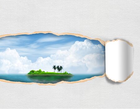 Torn paper with landscape island sky in opening backgroundの写真素材