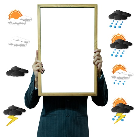 Business man holding board on the backgroundの写真素材