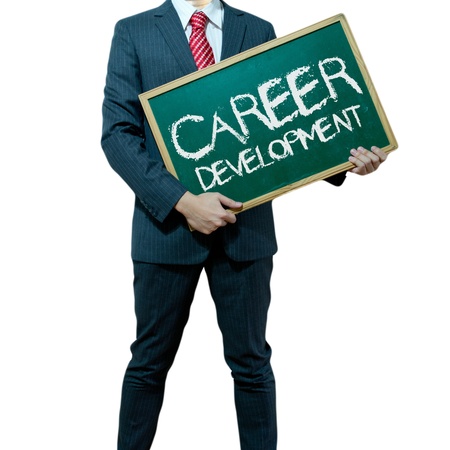 Business man holding board on the background with business word, Careerの写真素材