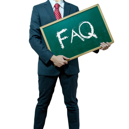 Business man holding board on the background with business word, FAQの写真素材