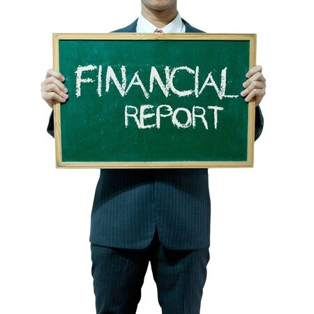 Business man holding blackboard on the background , Financial Reportの写真素材