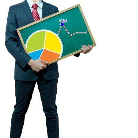Business man with bukb head holding graphの写真素材