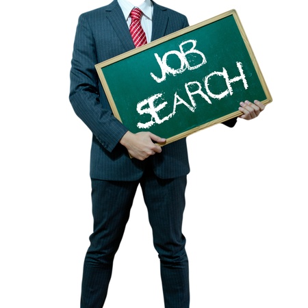Business man holding board on the background with business word - Job searchの写真素材