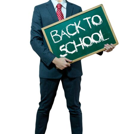 Business man holding board on the background with business wordの写真素材