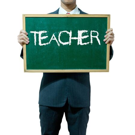 Business man holding blackboard on the background , Teacherの写真素材