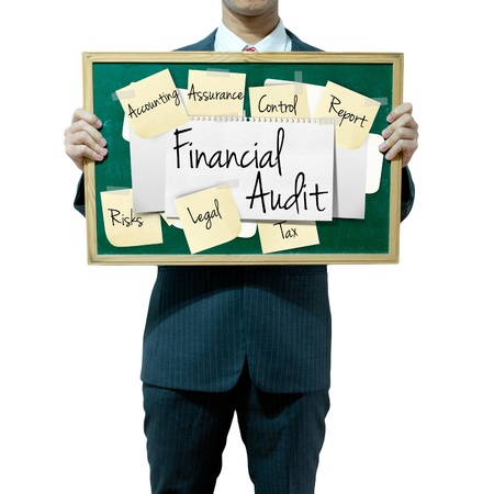 Business man holding board on the background, Financial Audit conceptの写真素材