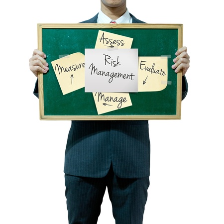 Business man holding blackboard on the background, risk managementの写真素材