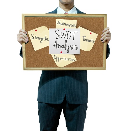 Business man holding board on the background, SWOT Analysisの写真素材