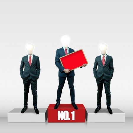 Business man with bulb head on the screen backgroundの写真素材