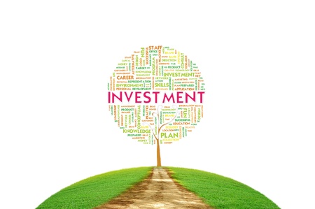 Tree word tag cloud business concept on ground grass backgroundの写真素材