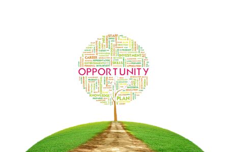 Tree word tag cloud business concept on ground grass backgroundの写真素材