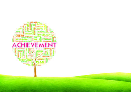 Tree word tag cloud business concept on ground grass backgroundの写真素材