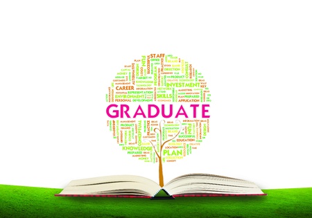 Tree word tag cloud business concept on ground grass backgroundの写真素材