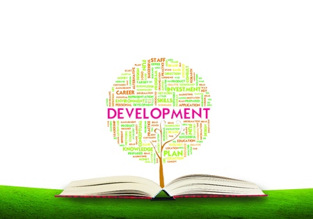 Tree word tag cloud business concept on ground grass backgroundの写真素材