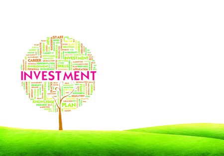 Tree word tag cloud business concept on ground grass backgroundの写真素材