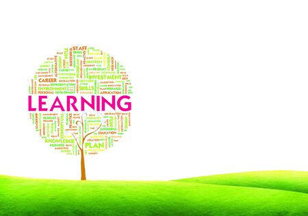 Tree word tag cloud business concept on ground grass backgroundの写真素材