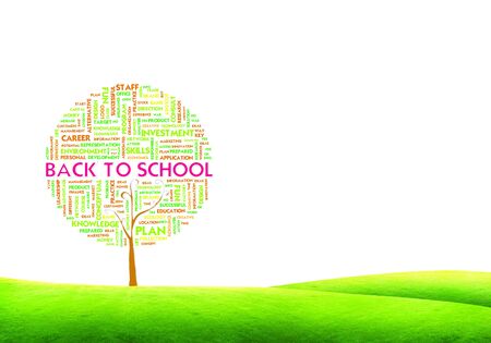 Tree word tag cloud business concept on ground grass backgroundの写真素材