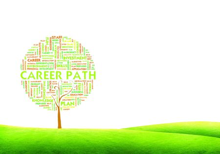 Tree word tag cloud business concept on ground grass backgroundの写真素材