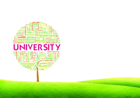 Tree word tag cloud business concept on ground grass backgroundの写真素材