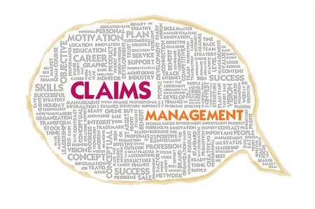 Wordcloud on texture paper speech bubble, Claims Managementの写真素材