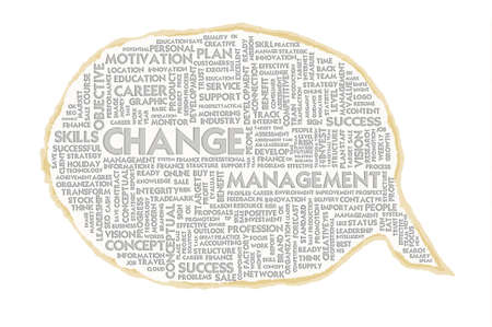 Wordcloud on texture paper speech bubble, Change managementの写真素材