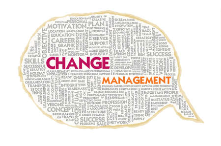Wordcloud on texture paper speech bubble, Change managementの写真素材