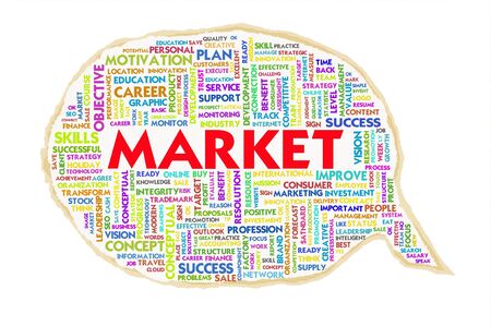 Wordcloud on texture paper speech bubble, Marketの写真素材