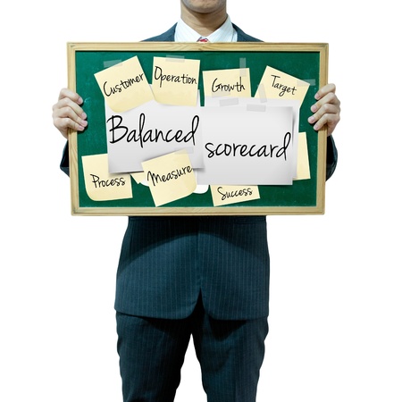 Business man holding board on the background, Balanced Scorecardの写真素材