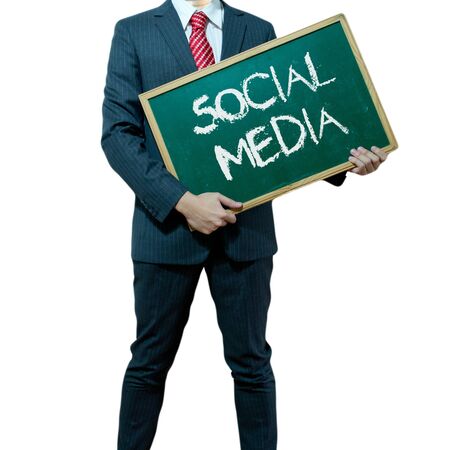Business man holding board on the background, Social Mediaの写真素材
