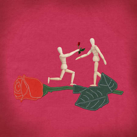 Red rose with stitch style on fabric backgroundの写真素材