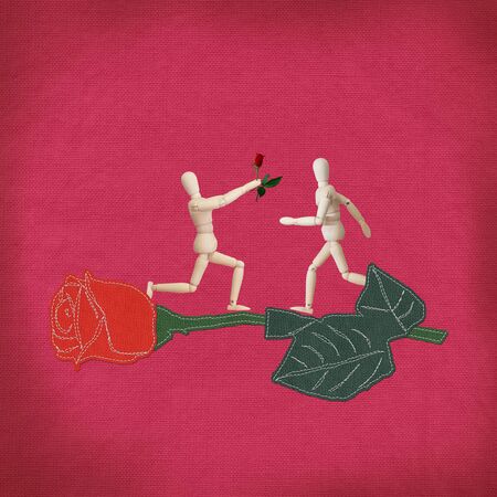 Red rose with stitch style on fabric backgroundの写真素材