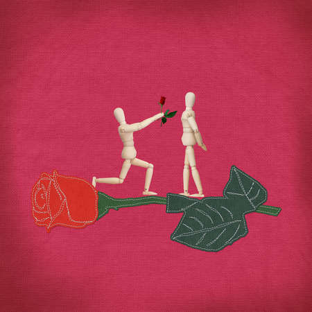 Red rose with stitch style on fabric backgroundの写真素材