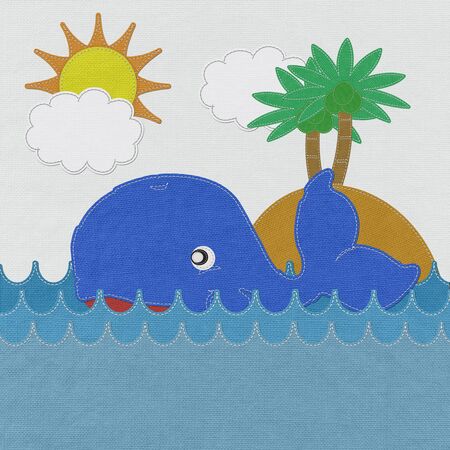Cute Smiling Whale with stitch style on fabric backgroundの写真素材